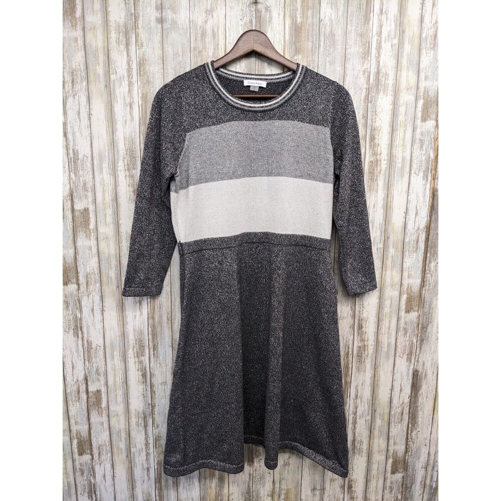 Calvin Klein Metallic Colorblock Sweater Dress 3/4 Sleeve Silver Gray Medium